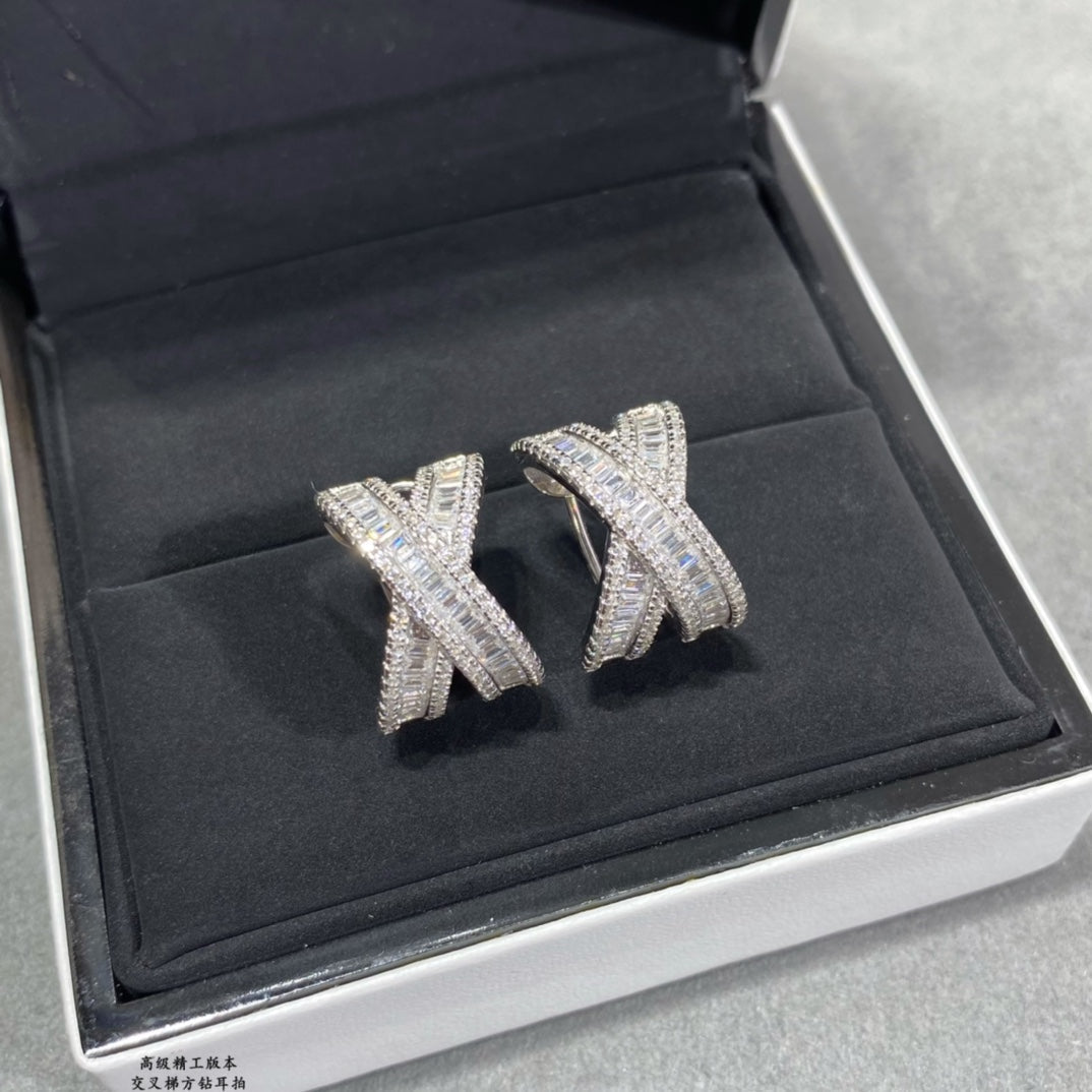 Cross trapezoidal square diamond butterfly platinum earrings EHA145