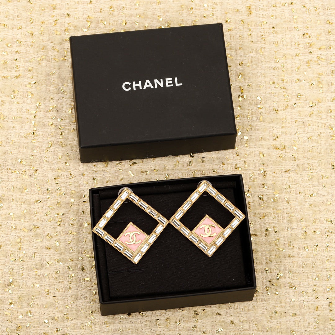 Latest diamond gold square rhinestone pink earrings EHA137