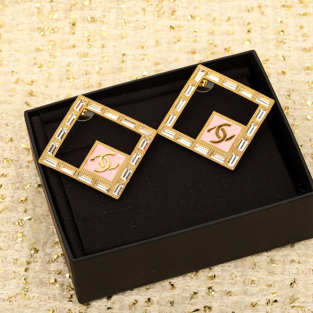 Latest diamond gold square rhinestone pink earrings EHA137