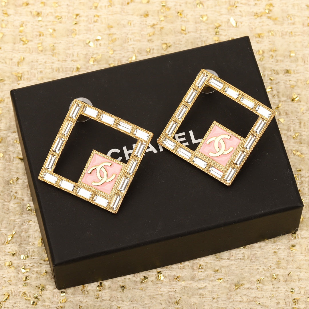 Latest diamond gold square rhinestone pink earrings EHA137