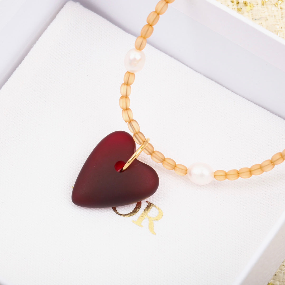 Pearl Red Love Frosted Peach Heart Necklace XLA114