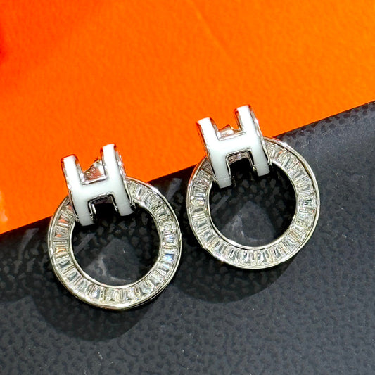hot selling h home enamel h ladder diamond circle hollow silver earrings eha140
