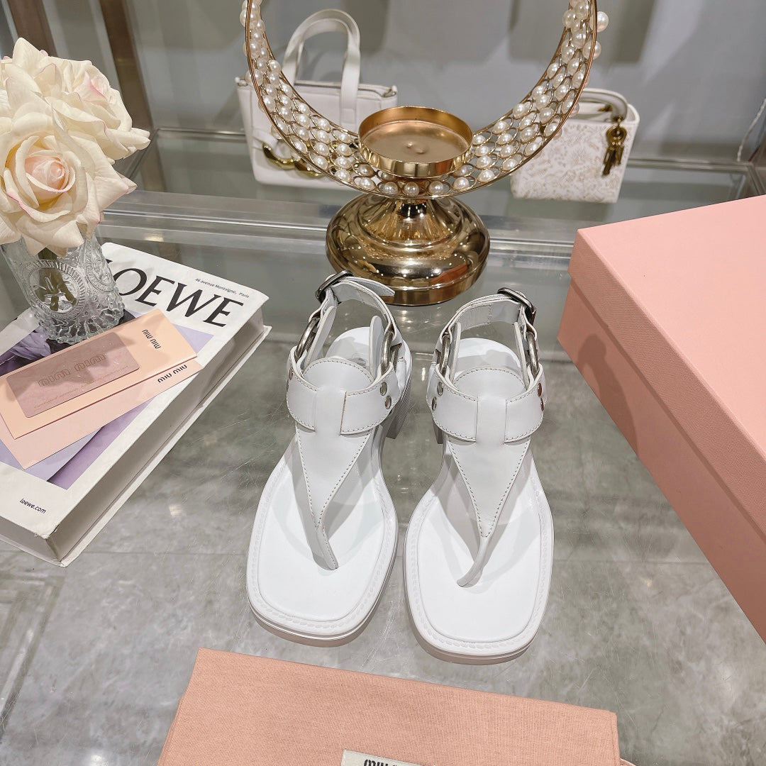 versatile white thick heel round toe clip toe herringbone sandals xzh141