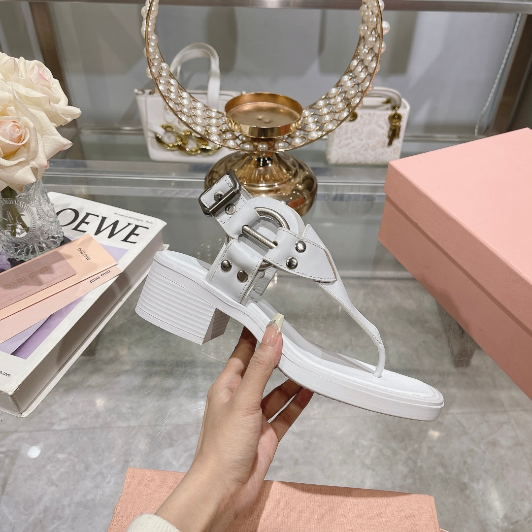 versatile white thick heel round toe clip toe herringbone sandals xzh141