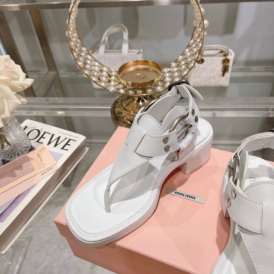 versatile white thick heel round toe clip toe herringbone sandals xzh141