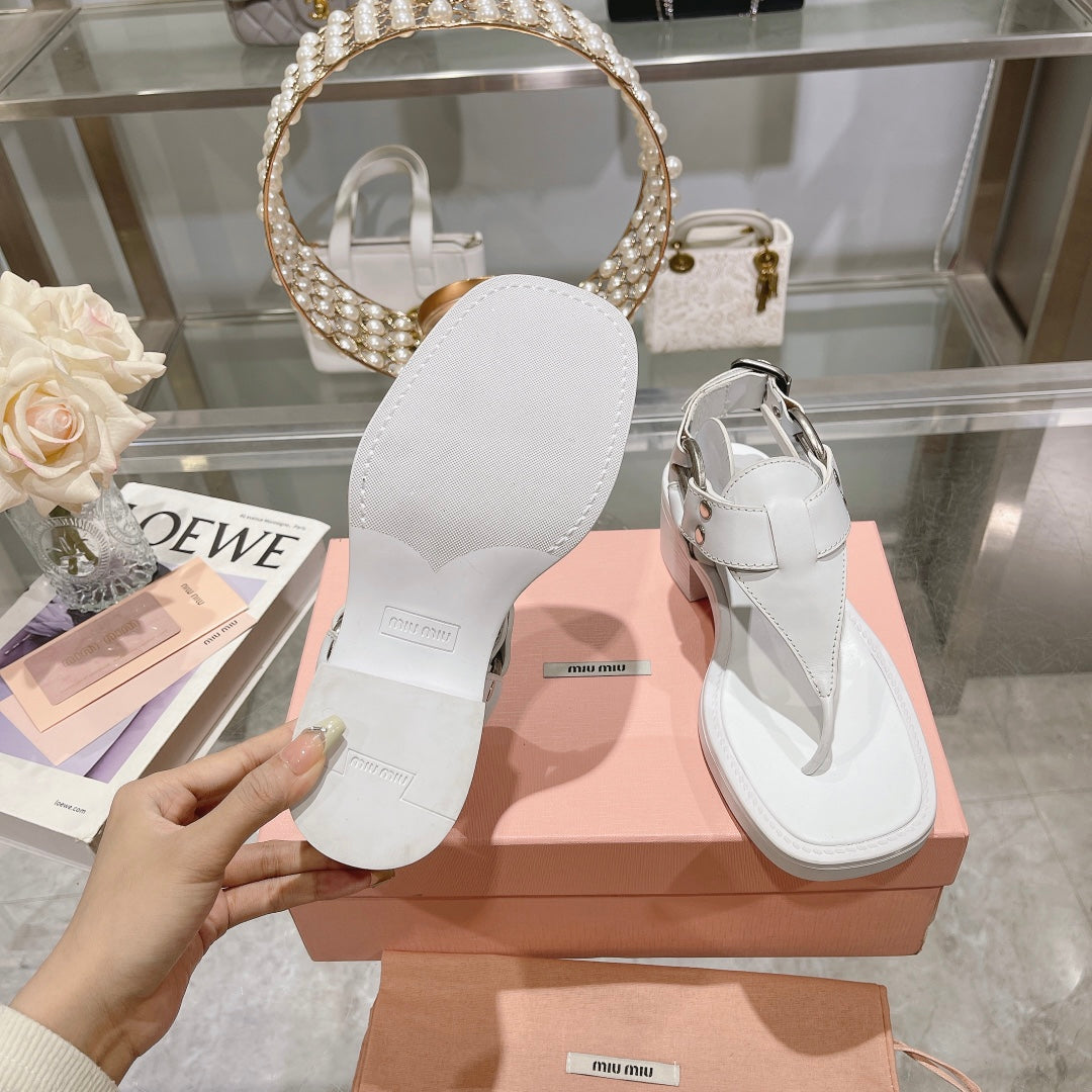 versatile white thick heel round toe clip toe herringbone sandals xzh141