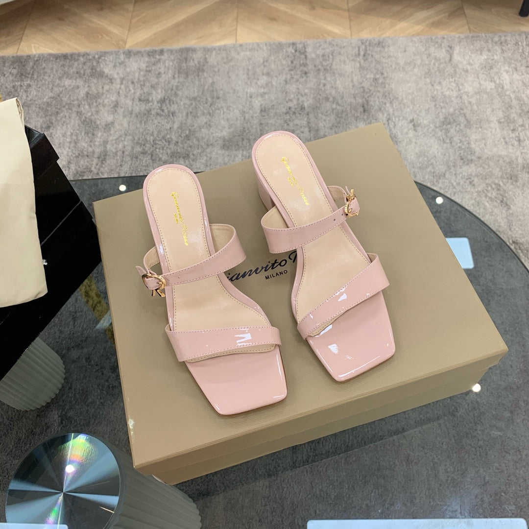 Thick Heel Square Head Open Toe Pink Slippers XZH180