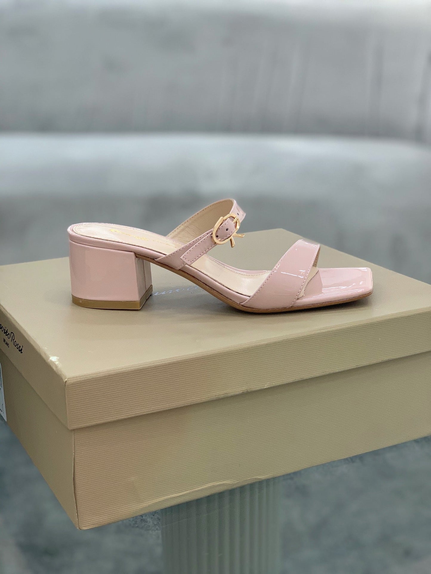 Thick Heel Square Head Open Toe Pink Slippers XZH180