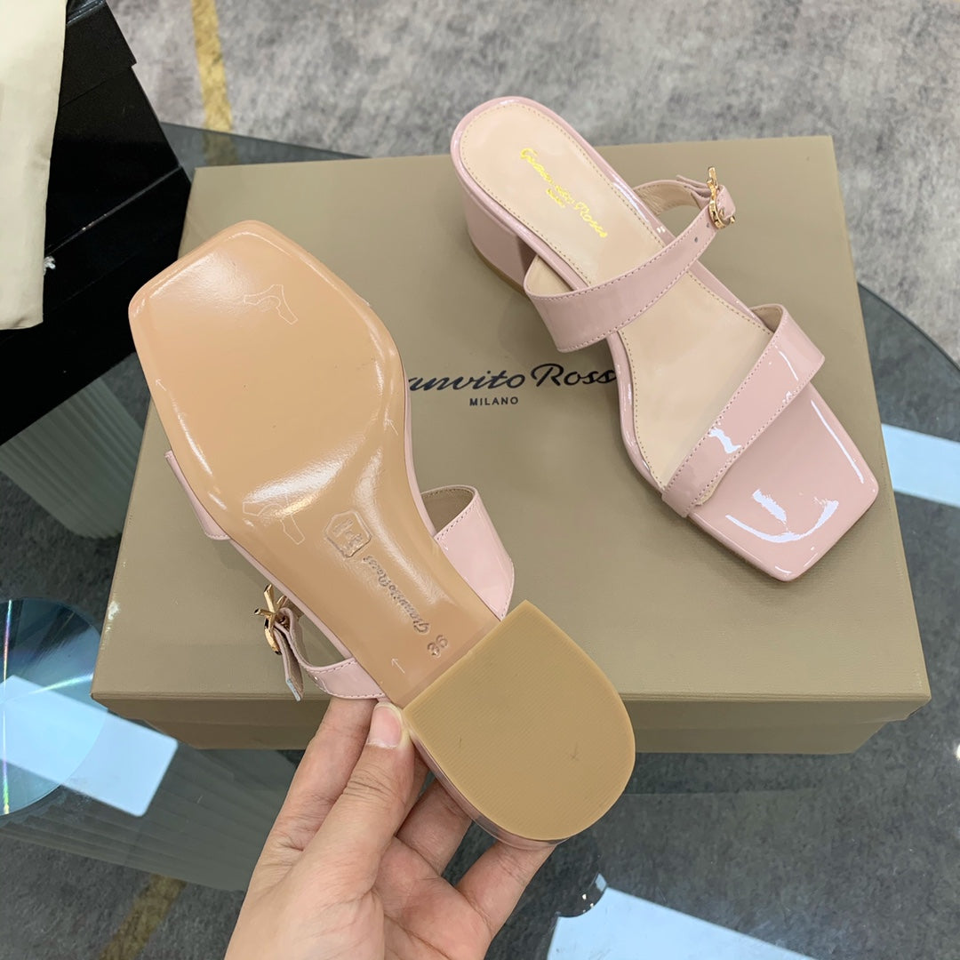 Thick Heel Square Head Open Toe Pink Slippers XZH180