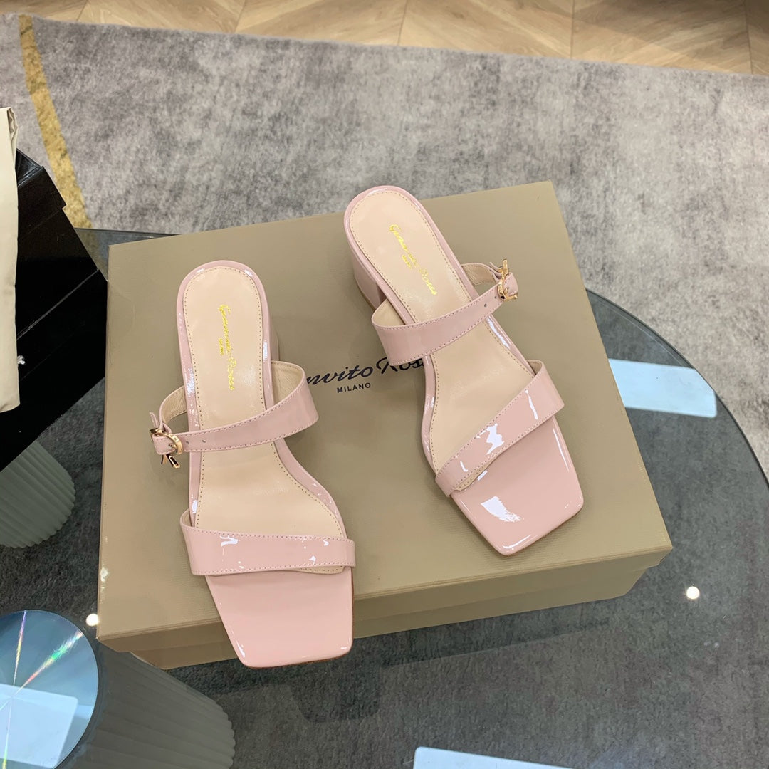 Thick Heel Square Head Open Toe Pink Slippers XZH180