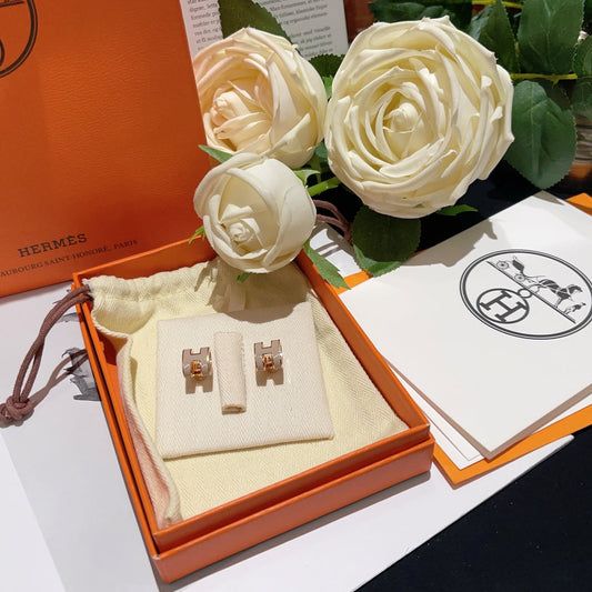 h enamel white thick plated 18k rose gold earrings ehc50