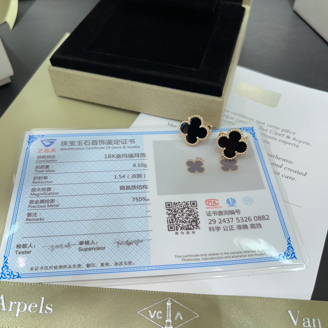 four leaf clover black agate gold earrings ehc61