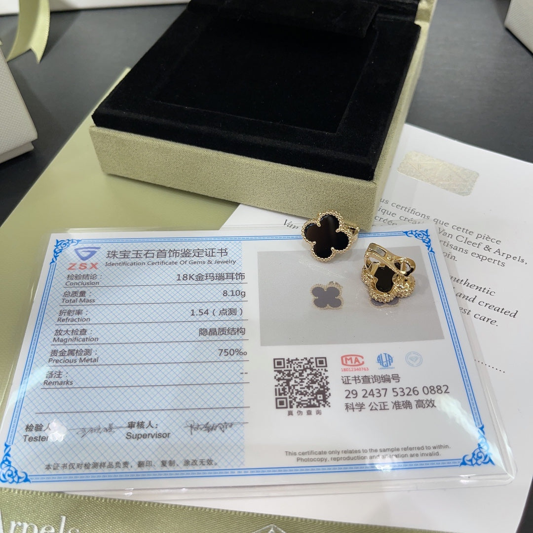 four leaf clover black agate gold earrings ehc61