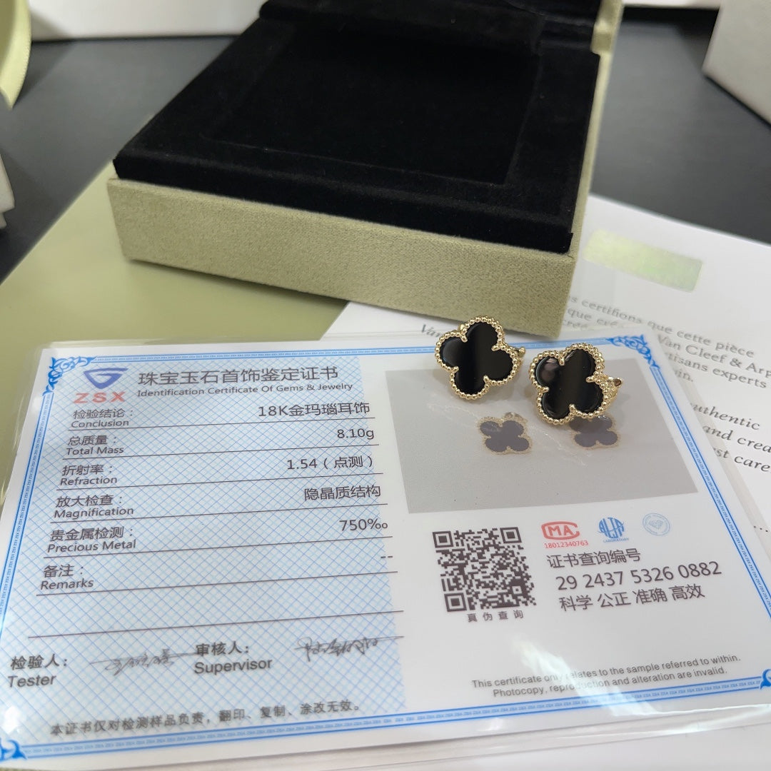 four leaf clover black agate gold earrings ehc61