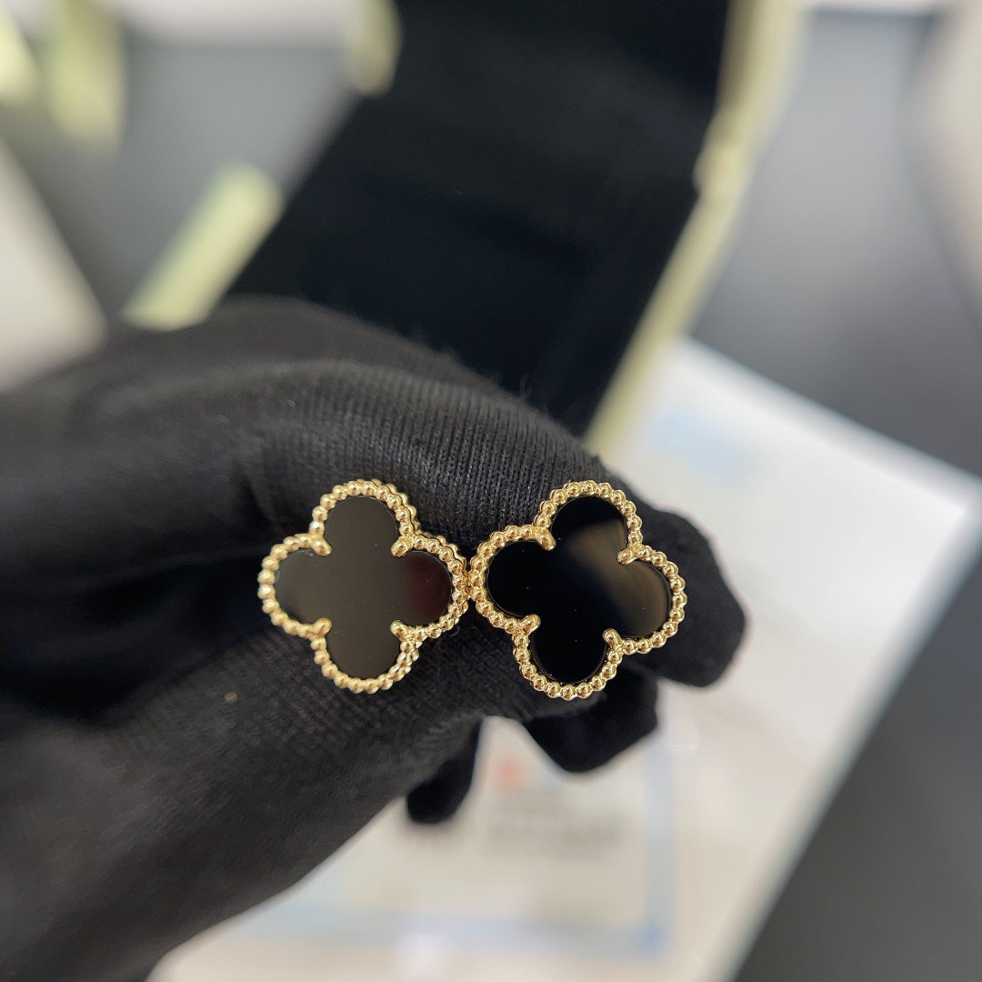 four leaf clover black agate gold earrings ehc61