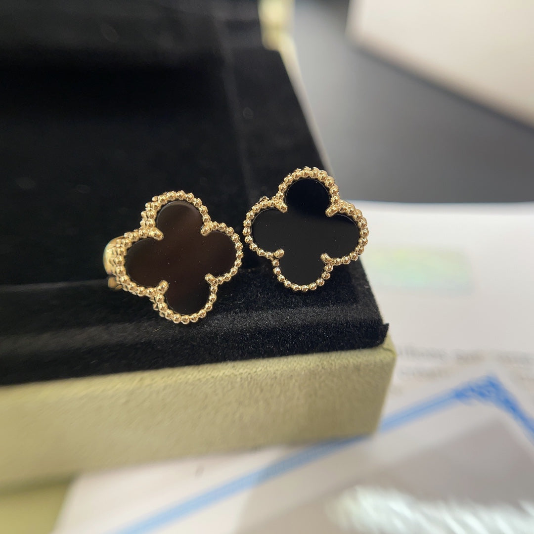 four leaf clover black agate gold earrings ehc61