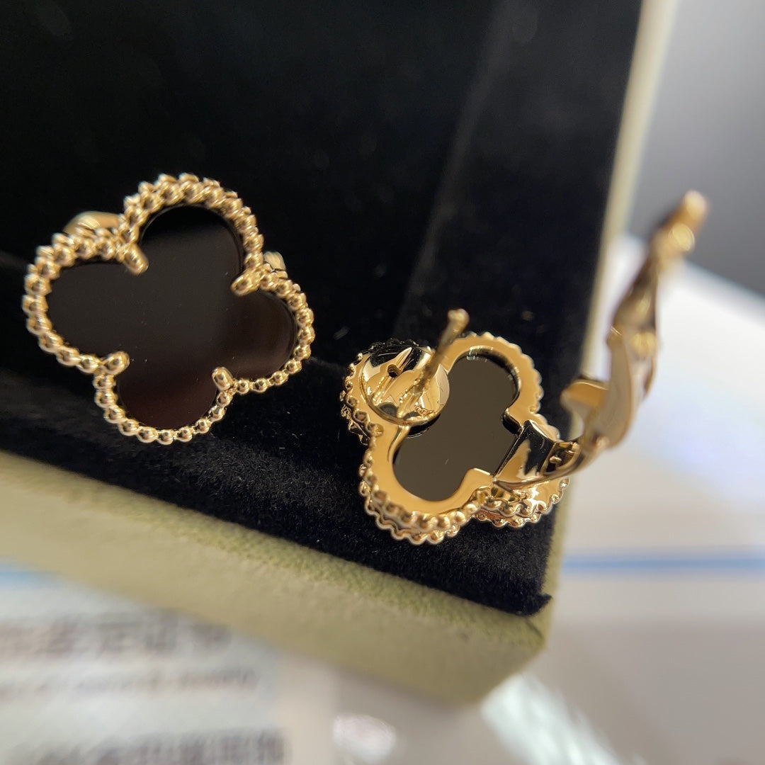 four leaf clover black agate gold earrings ehc61