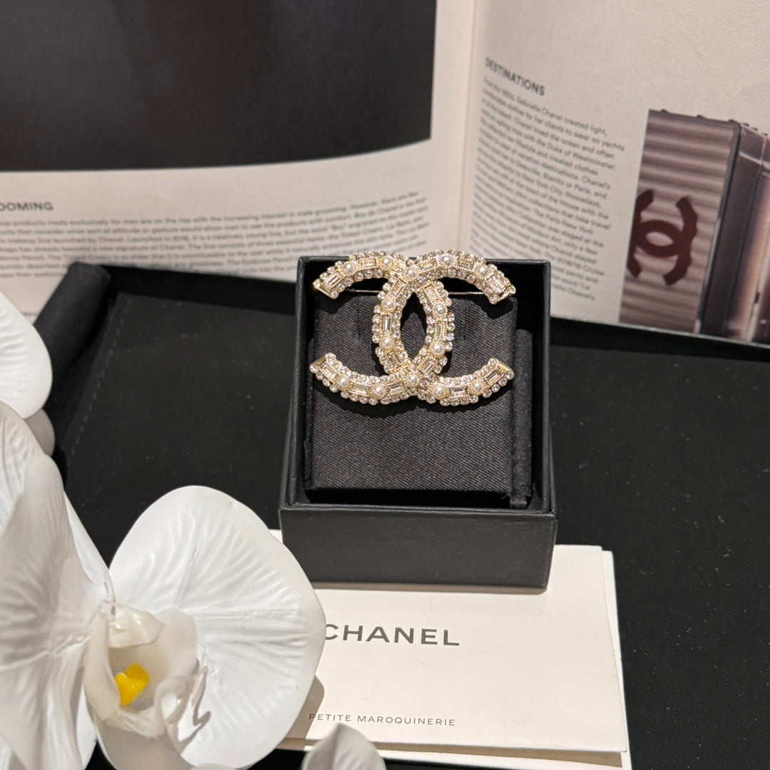 24k rectangular diamond pearl gold brooch xzc6