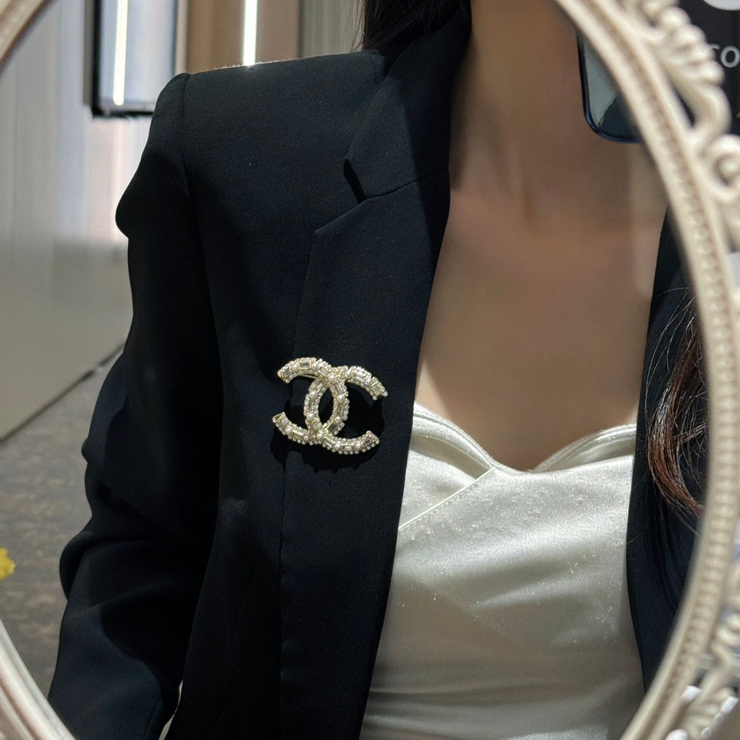 24k rectangular diamond pearl gold brooch xzc6