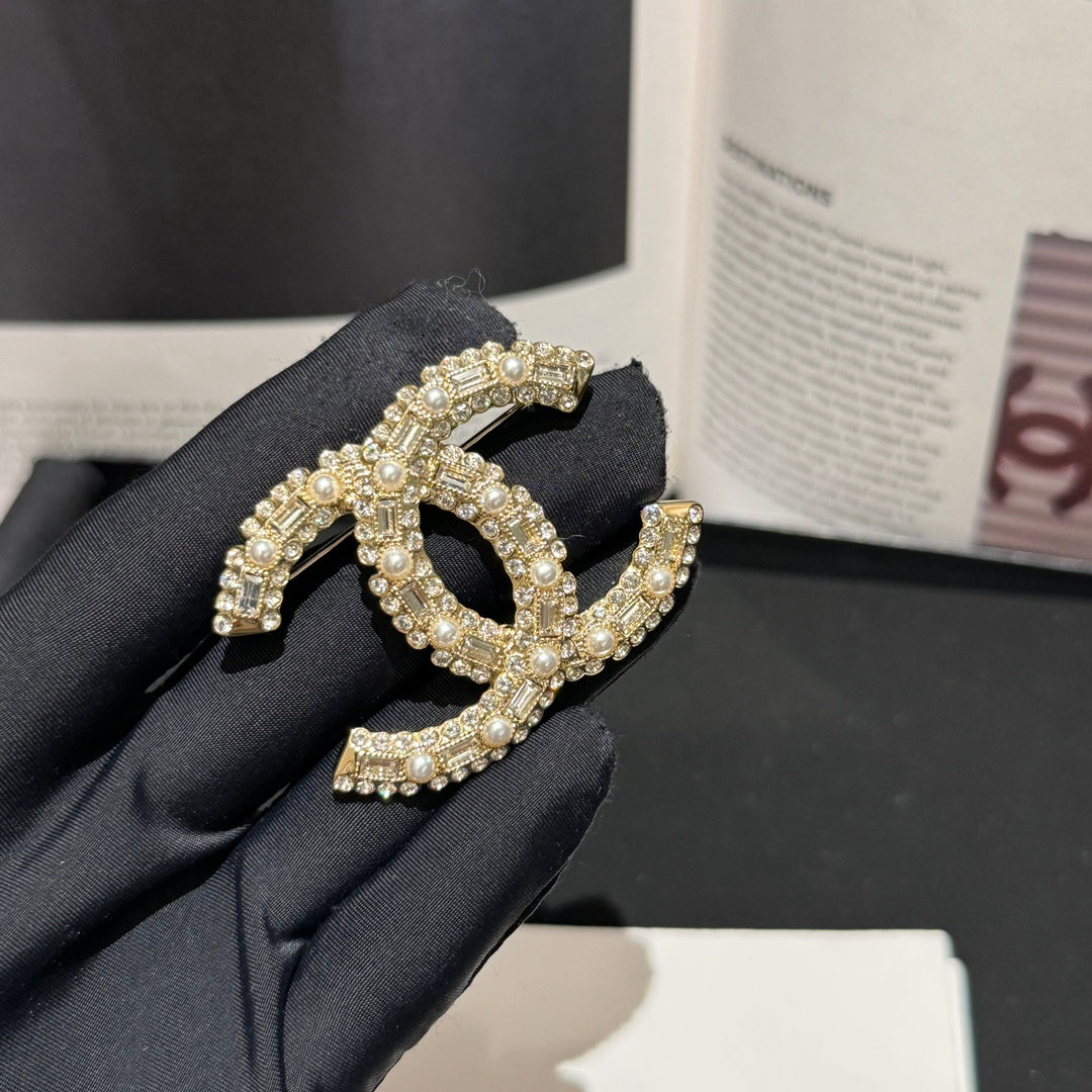 24k rectangular diamond pearl gold brooch xzc6