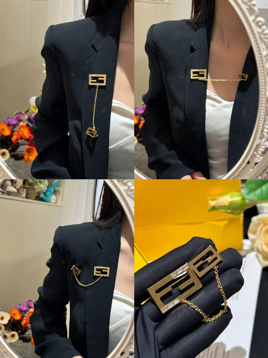 fd gold metal box chain brooch xzc19