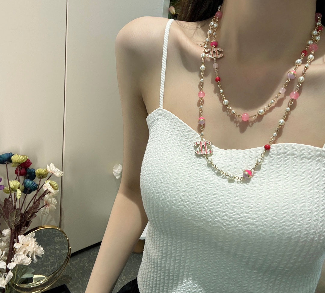 24c Pink Stripe Enamel Pearl Medium Long Chain XLC106