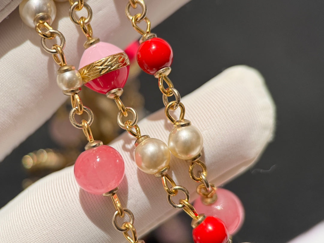 24c Pink Stripe Enamel Pearl Medium Long Chain XLC106