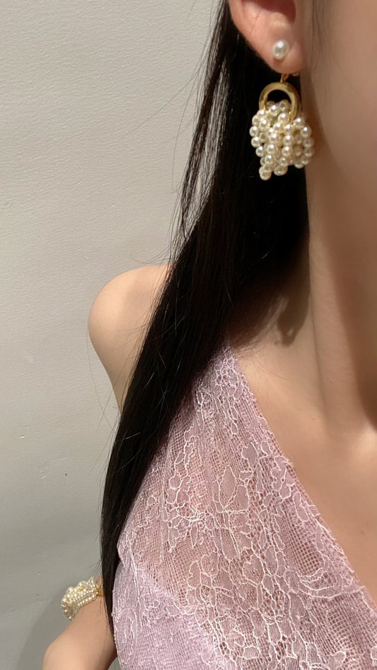 gold multi layer pearl large earrings ehc120