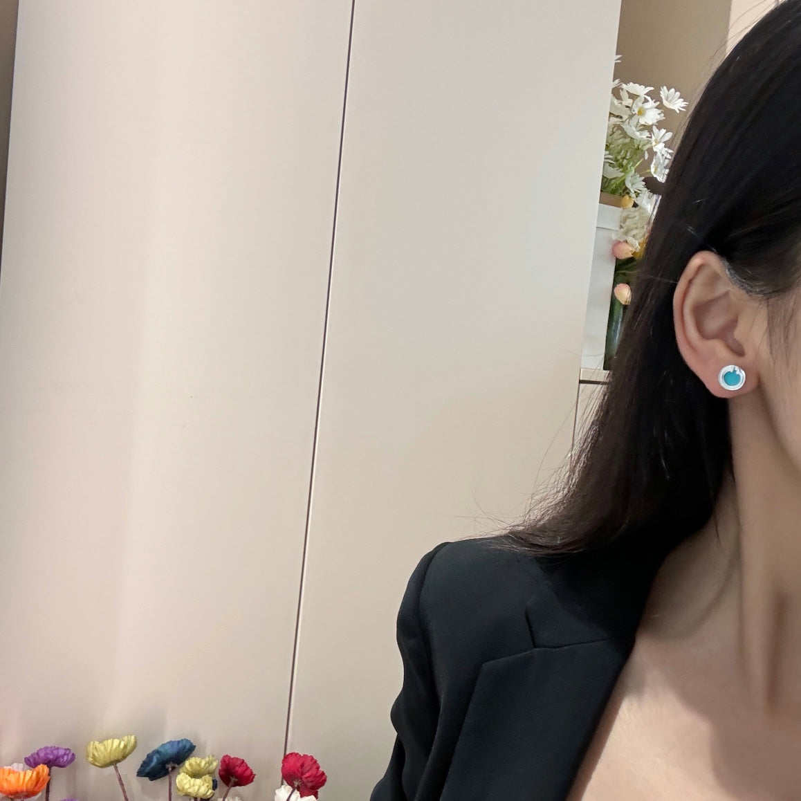 t shaped blue circle shaped platinum gemstone earrings ehc147