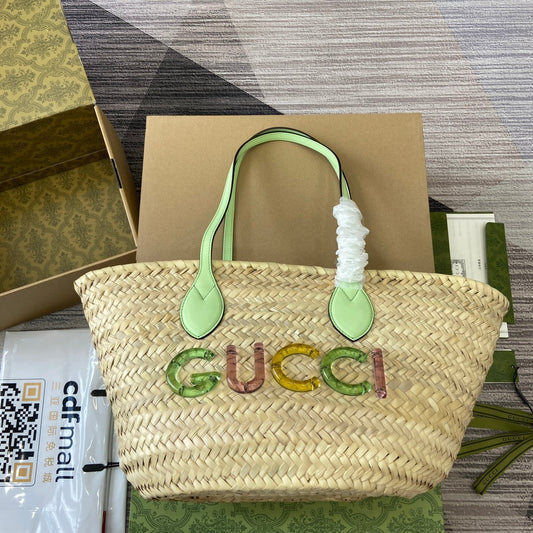 gg lido series 26cm green mini woven tote bag 779524