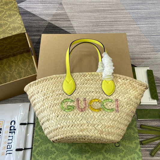 gg lido series yellow mini shoulder woven tote bag 782381