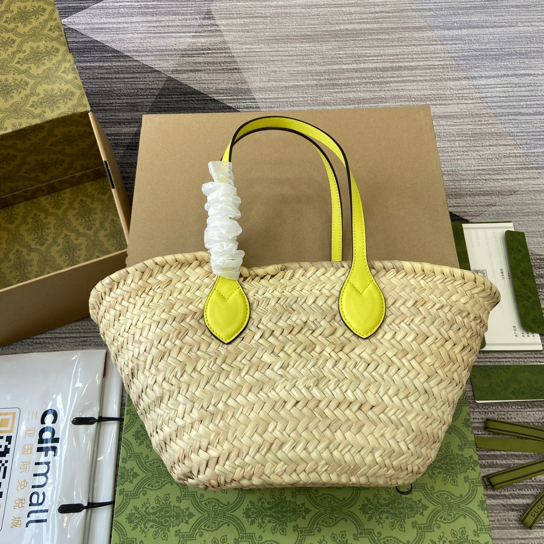 gg lido series yellow mini shoulder woven tote bag 782381