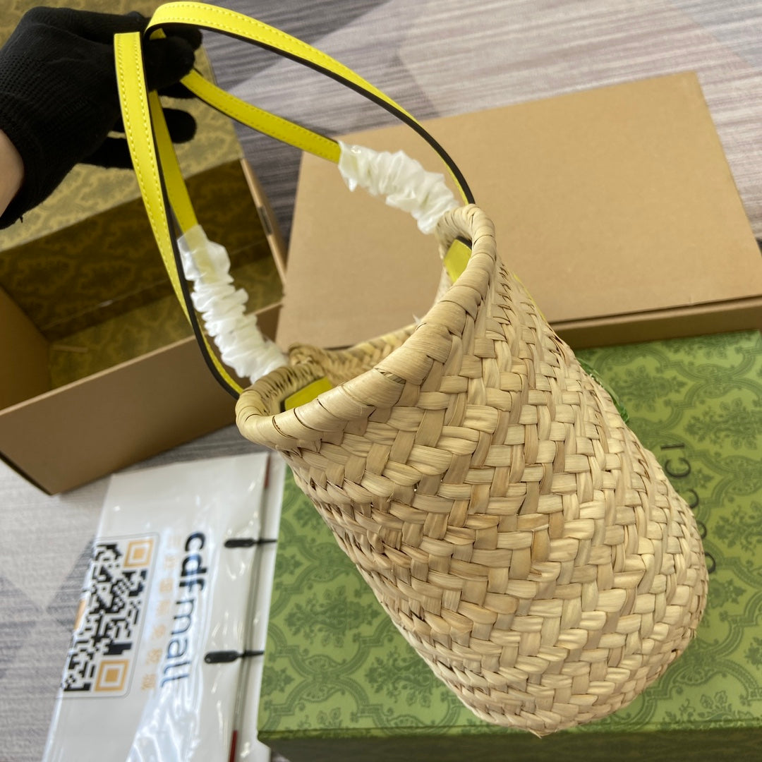 gg lido series yellow mini shoulder woven tote bag 782381