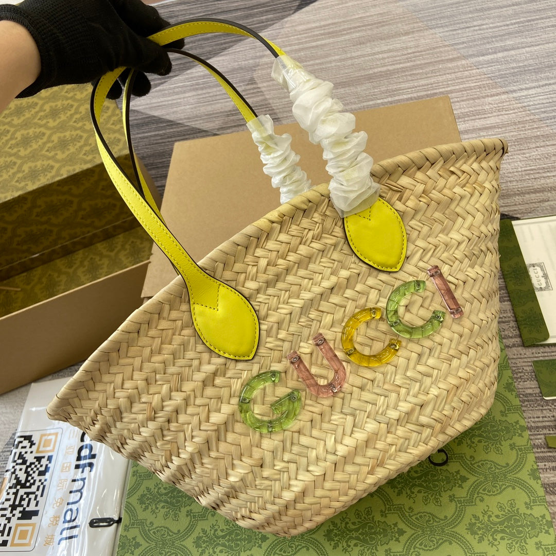 gg lido series yellow mini shoulder woven tote bag 782381