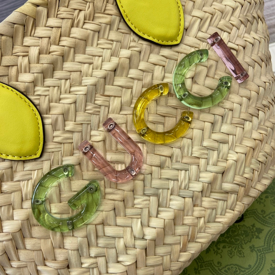 gg lido series yellow mini shoulder woven tote bag 782381
