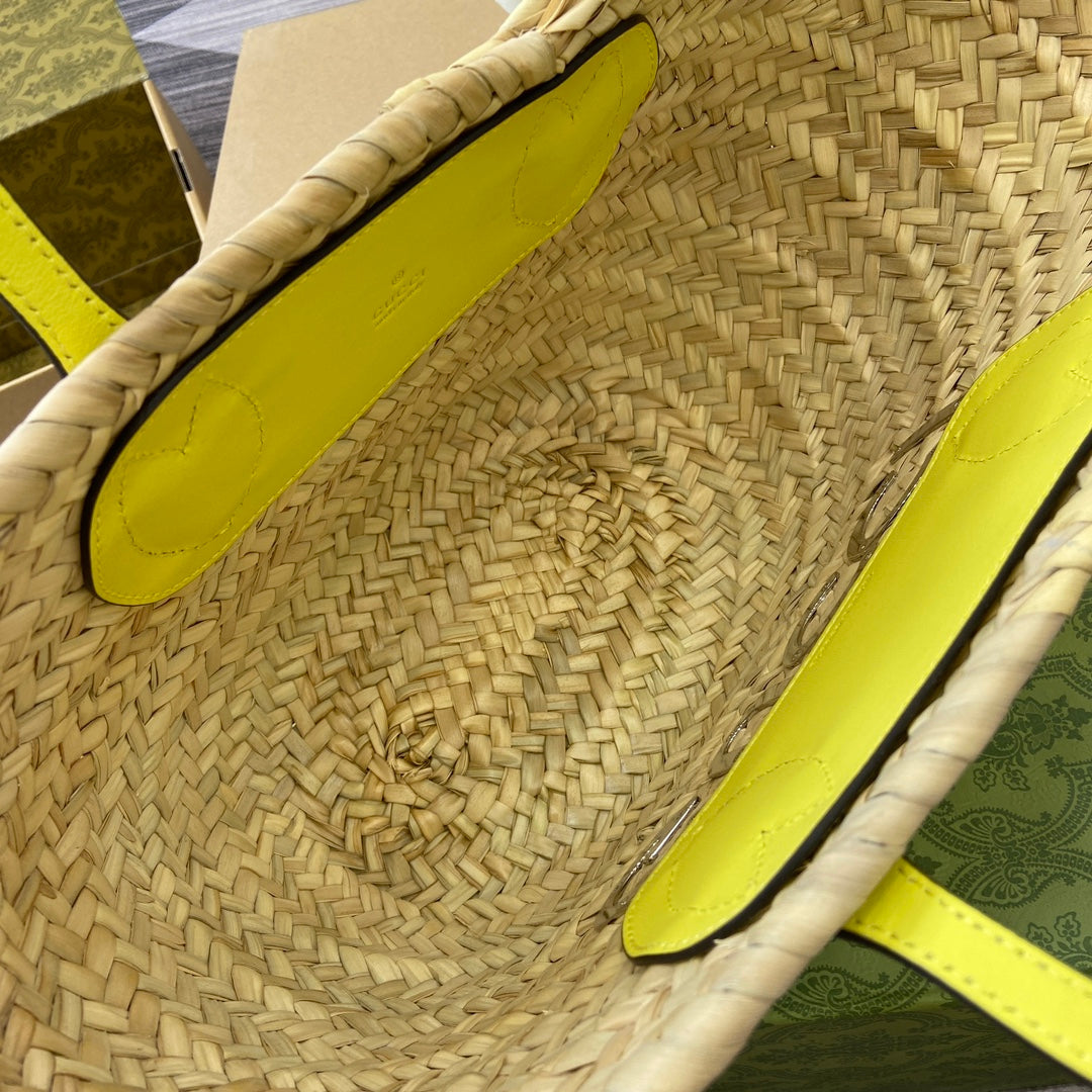 gg lido series yellow mini shoulder woven tote bag 782381