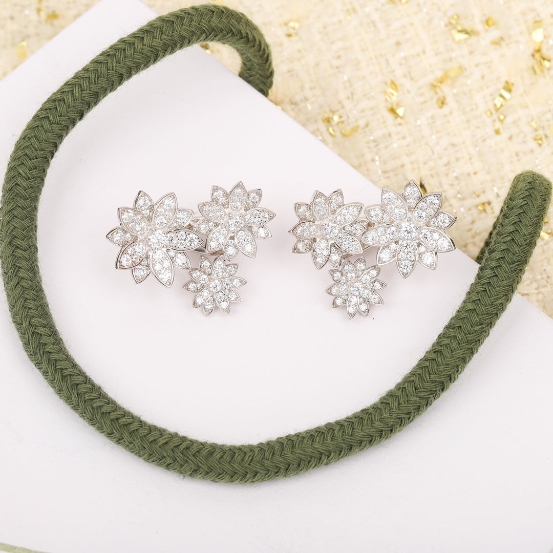 925 silver full diamond flower three flower earrings eha171