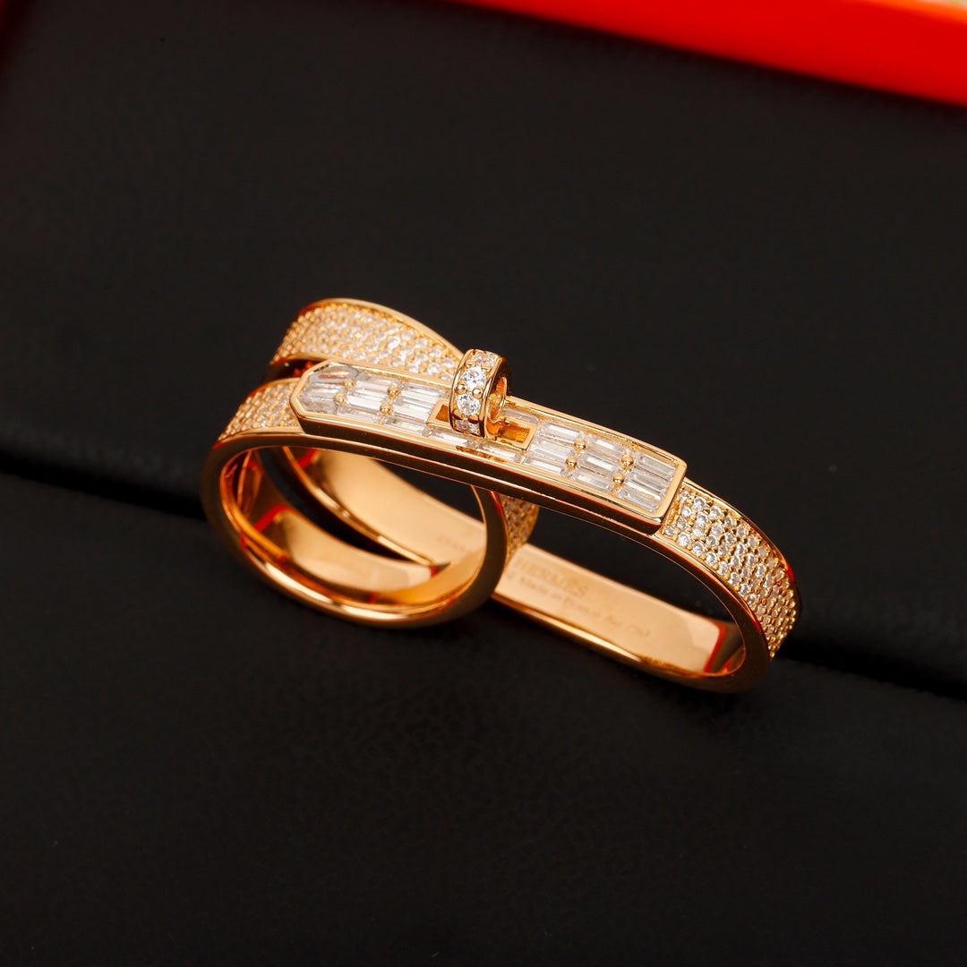 925 silver pig nose full diamond double ring rose gold ring jza51