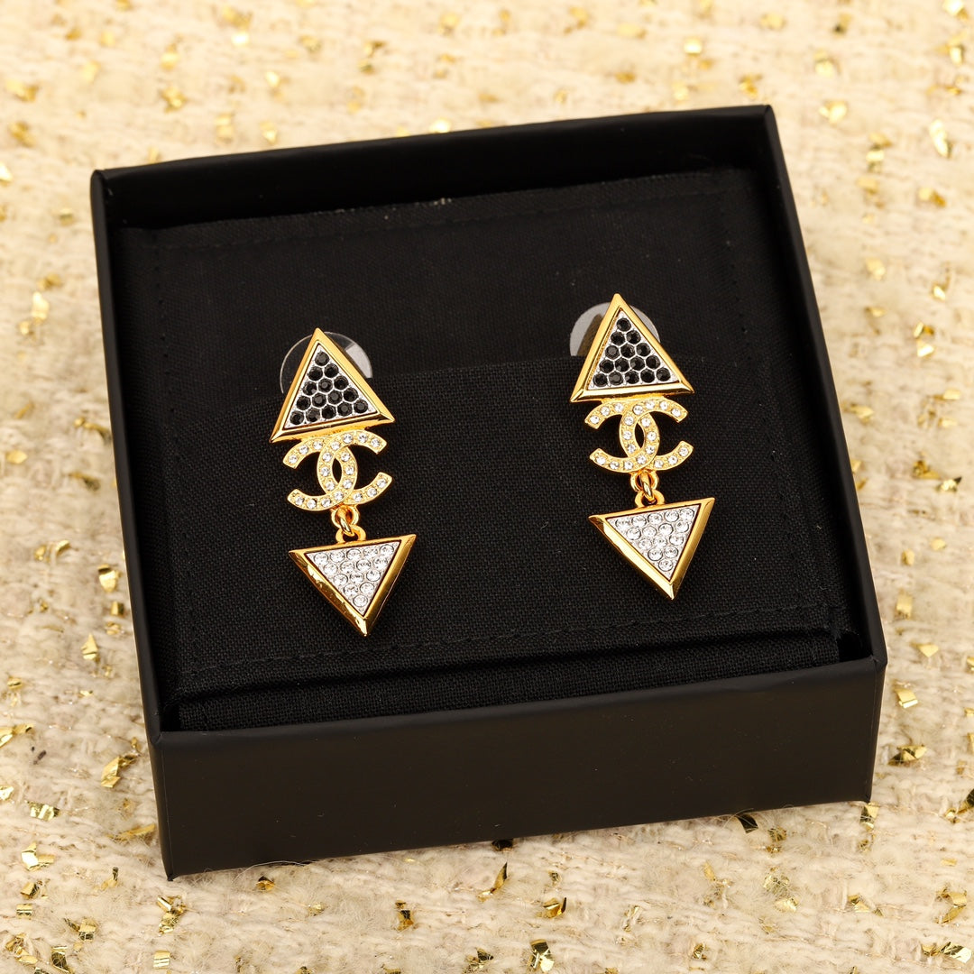 Golden Double C Triangle Black and White Diamond Earrings EHA165