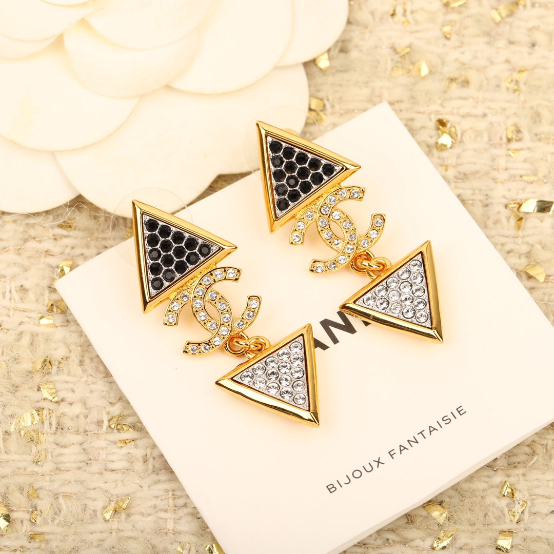 Golden Double C Triangle Black and White Diamond Earrings EHA165