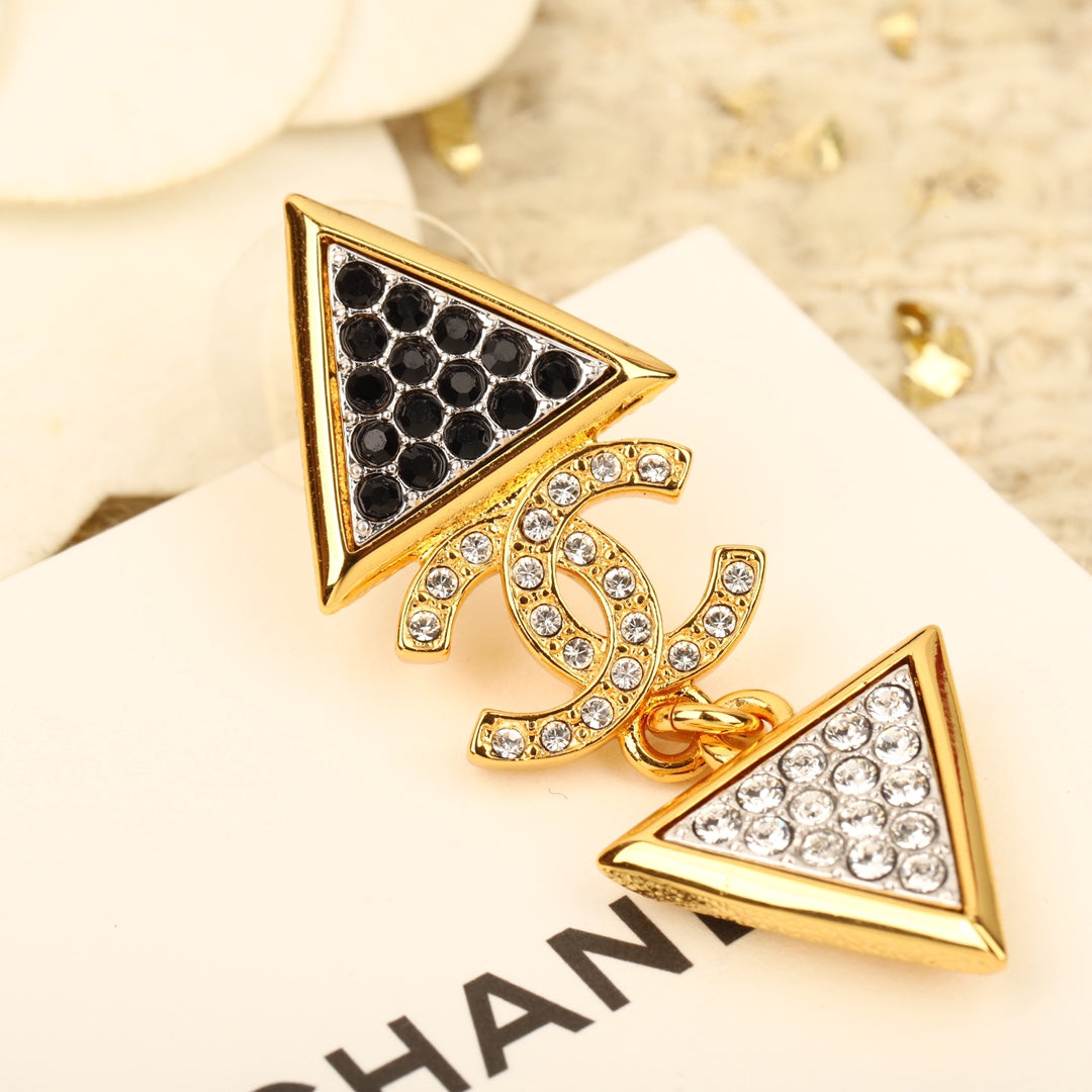 Golden Double C Triangle Black and White Diamond Earrings EHA165