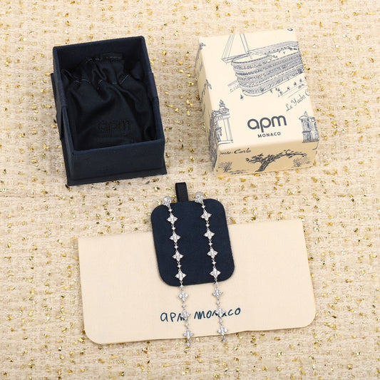 four flower sparkling tassel silver earrings eha180
