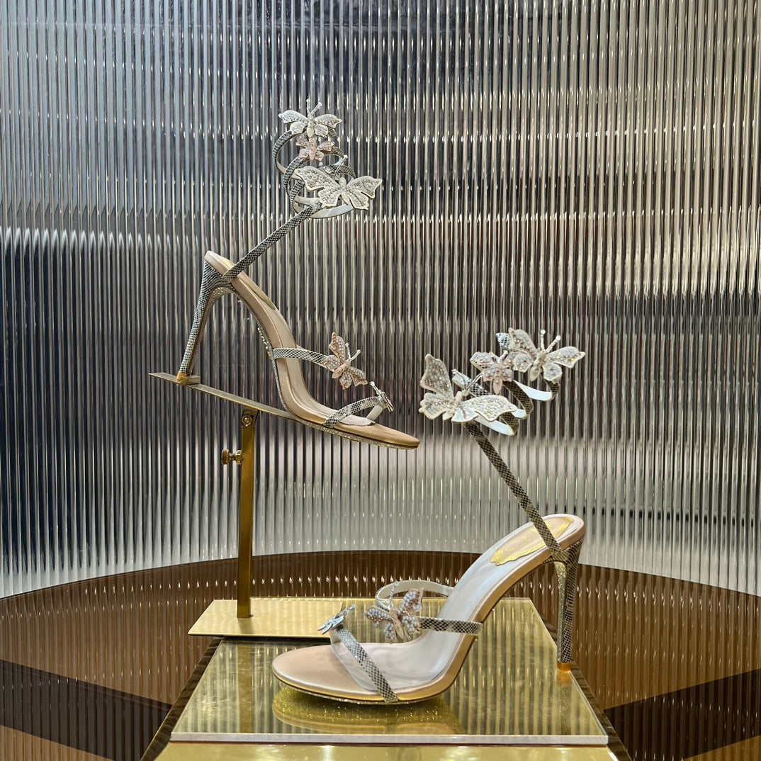 silver snake shaped butterfly wrapped ankle loop high heeled sandals xzh219