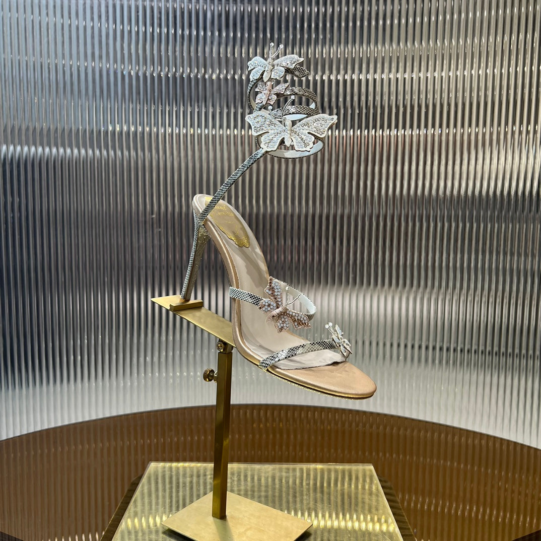 silver snake shaped butterfly wrapped ankle loop high heeled sandals xzh219