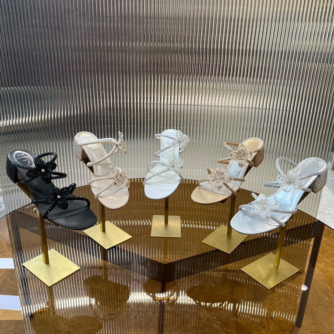 2024 ss crystal diamond square heel lace flower coarse heel white sandals xzh217