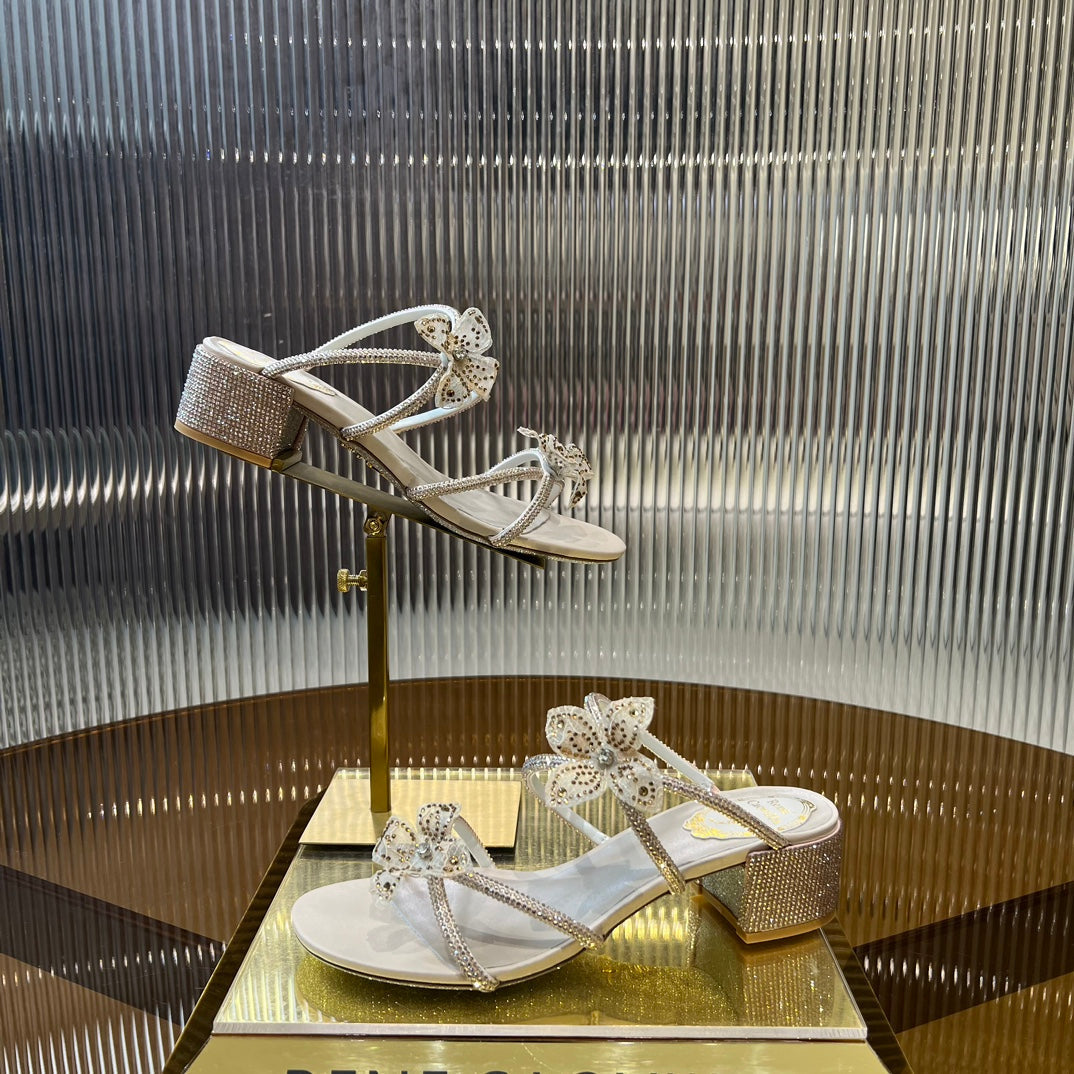 2024 ss crystal diamond square heel lace flower coarse heel white sandals xzh217