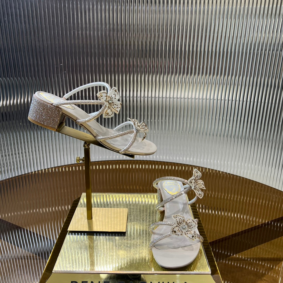 2024 ss crystal diamond square heel lace flower coarse heel white sandals xzh217