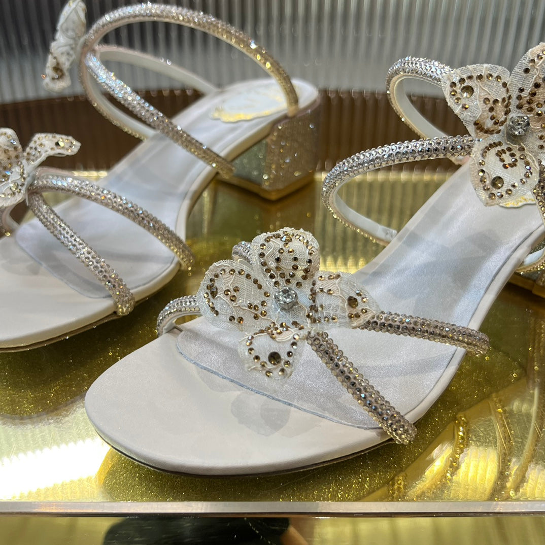 2024 ss crystal diamond square heel lace flower coarse heel white sandals xzh217
