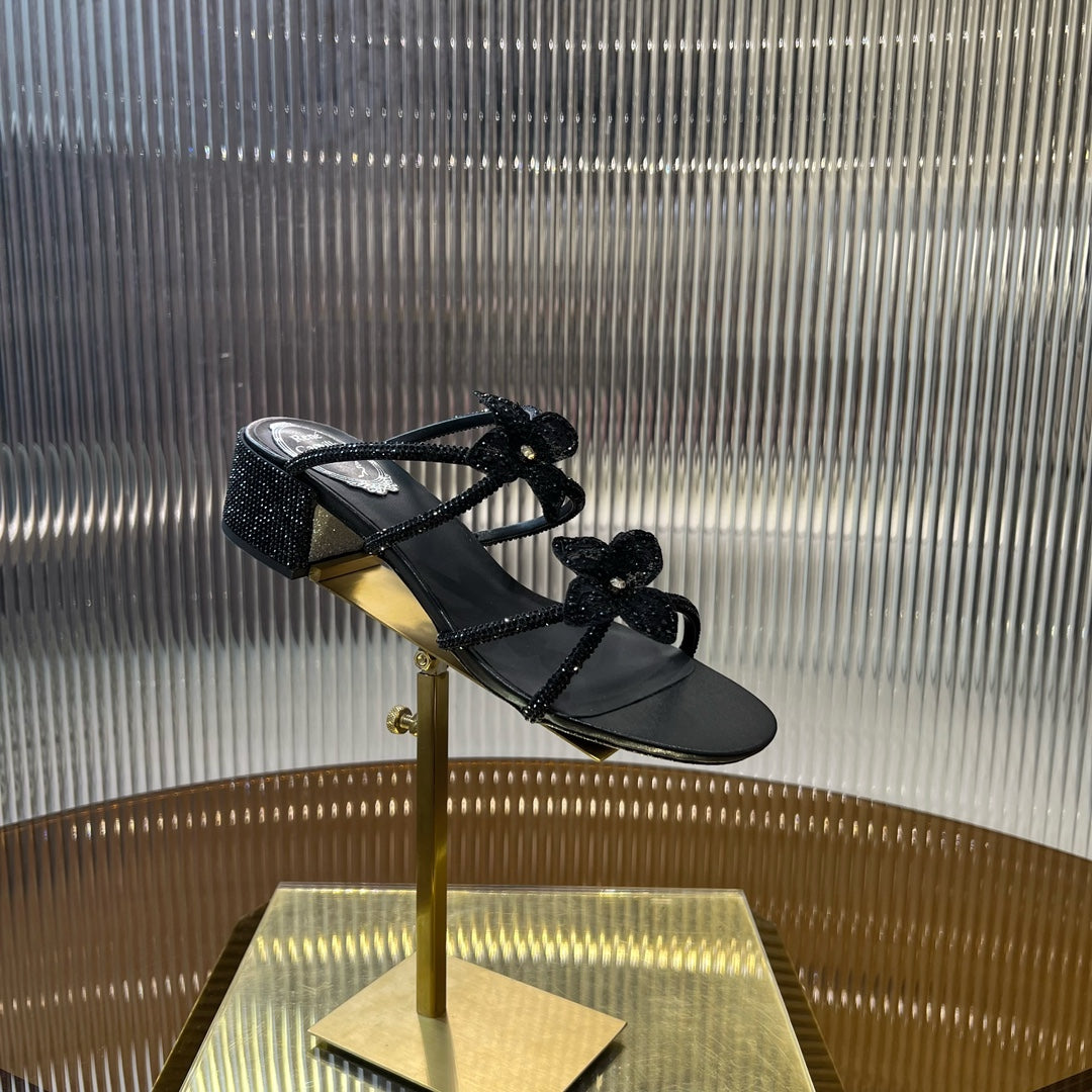 square heel crystal diamond square heel lace flower toe exposed black slippers xzh217