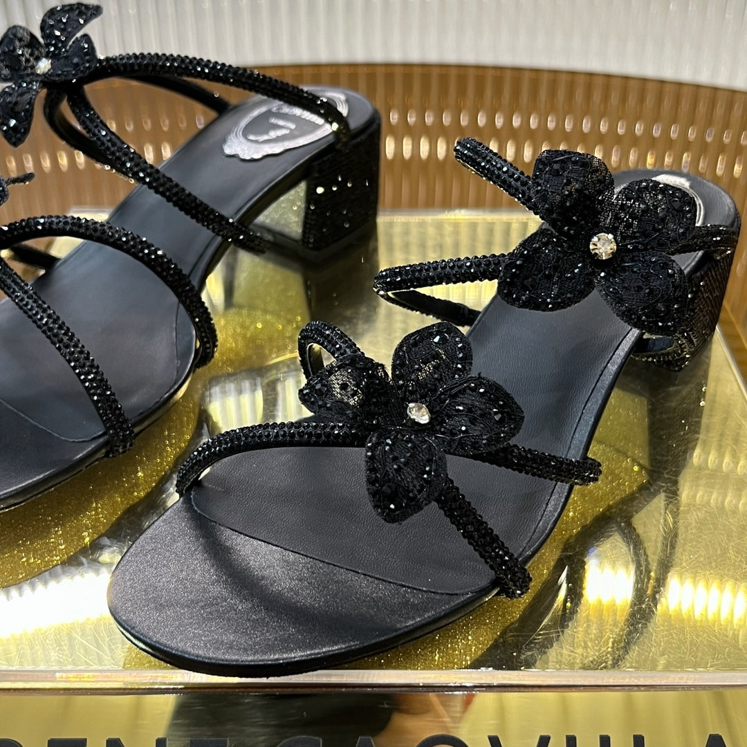 square heel crystal diamond square heel lace flower toe exposed black slippers xzh217